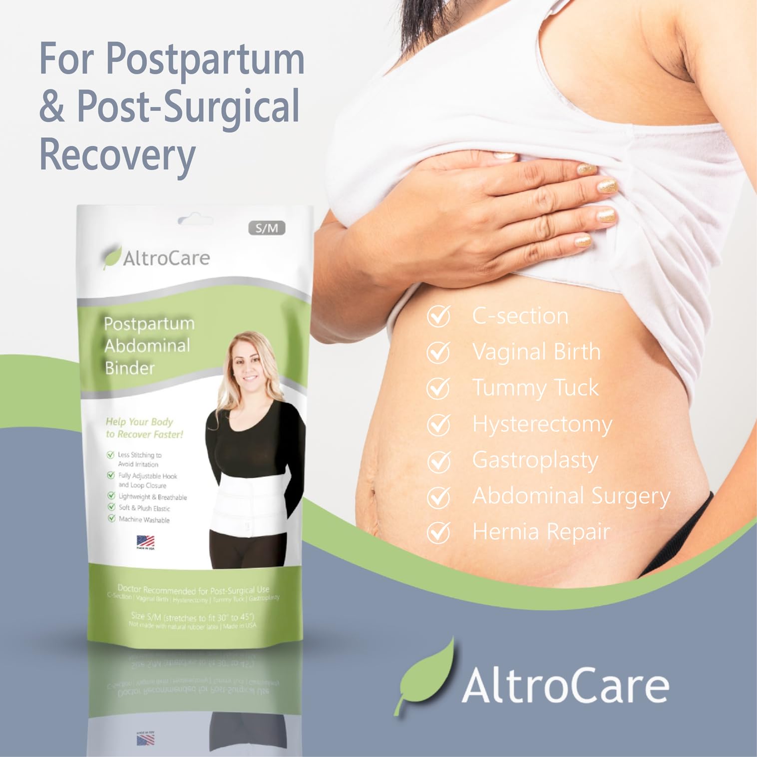 AltroCare Postpartum & Post Surgery Abdominal Binder. Support Recovery after C - Section, Natural Birth, Hysterectomy, Hernia. 3 Panel design, Size S/M (30" to 45"). - THE BEAUTY ANATOMY