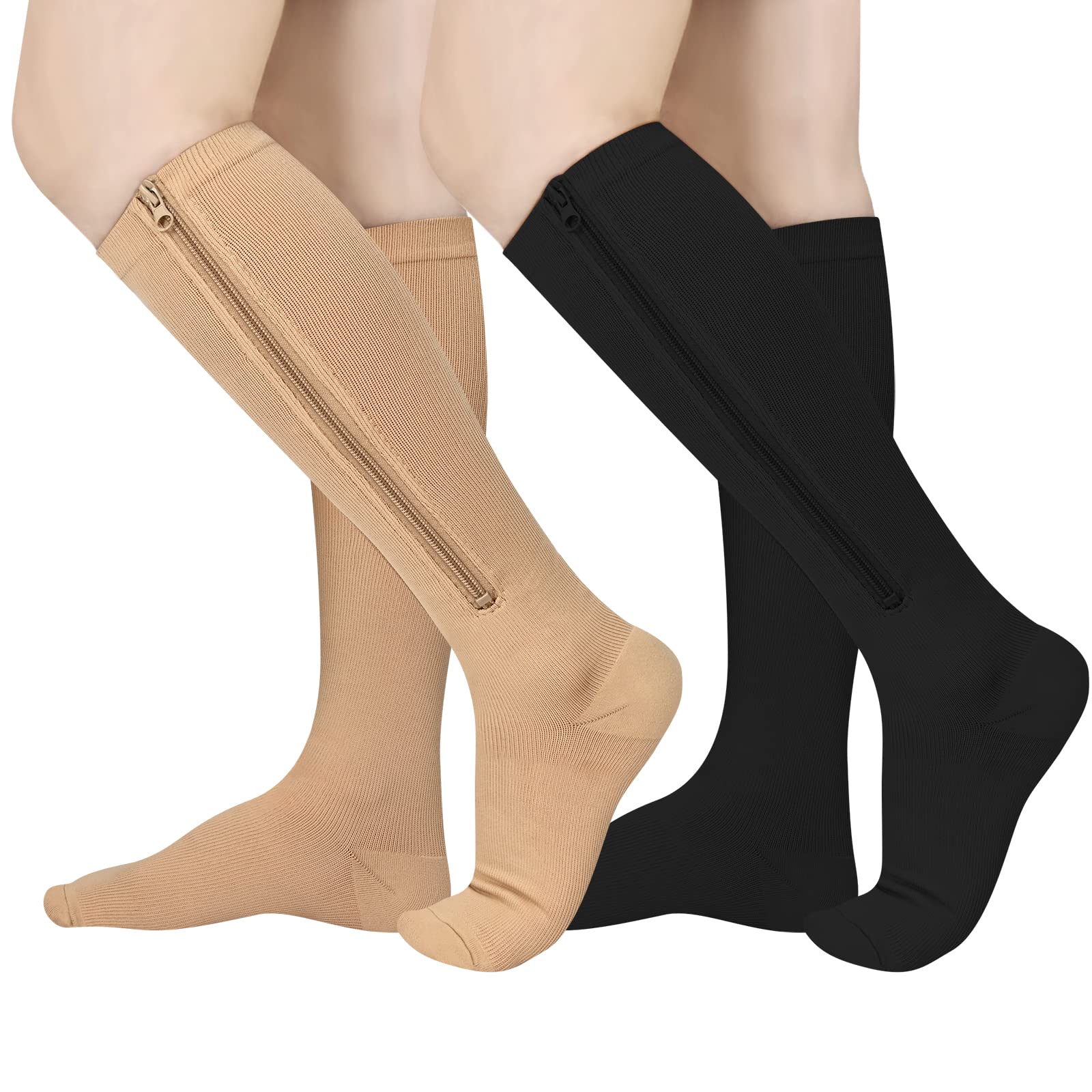 2 Pairs Zipper Compression Socks, 15 - 20 mmHg Closed Toe Compression Stocking with Zipper for Women and Men - THE BEAUTY ANATOMY