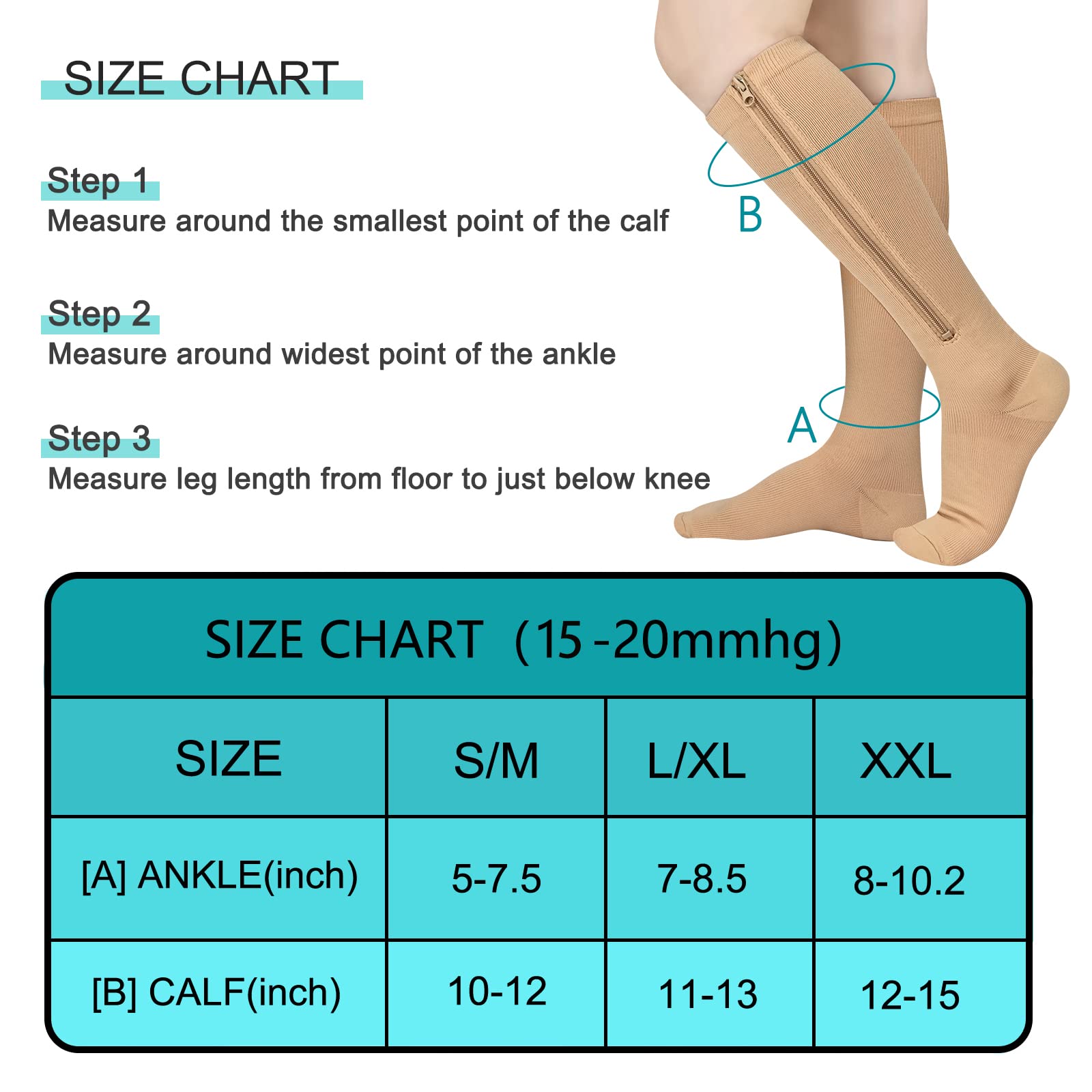 2 Pairs Zipper Compression Socks, 15 - 20 mmHg Closed Toe Compression Stocking with Zipper for Women and Men - THE BEAUTY ANATOMY