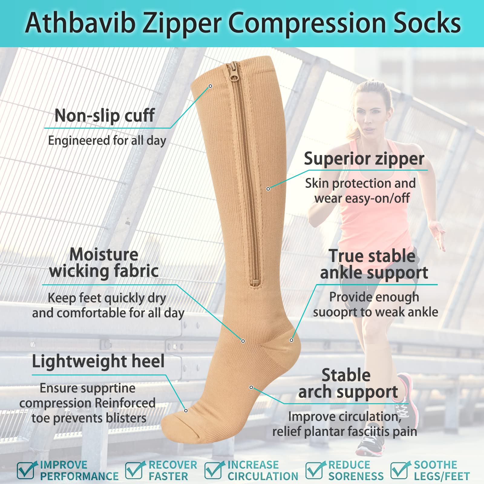 2 Pairs Zipper Compression Socks, 15 - 20 mmHg Closed Toe Compression Stocking with Zipper for Women and Men - THE BEAUTY ANATOMY
