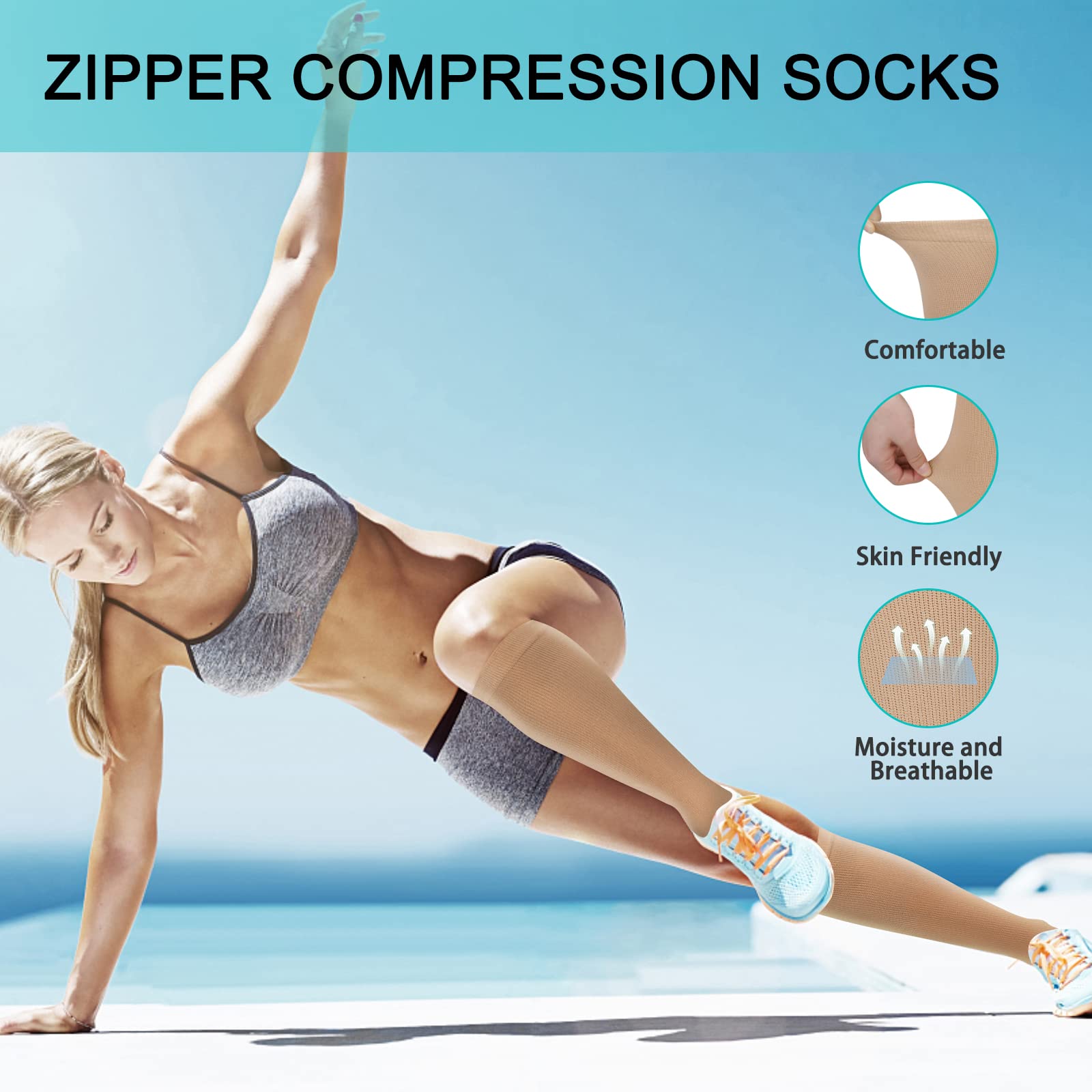 2 Pairs Zipper Compression Socks, 15 - 20 mmHg Closed Toe Compression Stocking with Zipper for Women and Men - THE BEAUTY ANATOMY