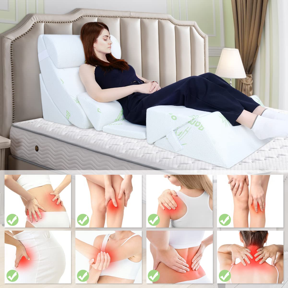 COOLBEBE 7pcs Bed Wedge Pillow Set, Premium Foam Orthopaedic Wedge Pillow for Back Neck Leg Pain Relief - Adjustable & Comfortable - Great for Sleeping, Reading, Rest Elevation - THE BEAUTY ANATOMY