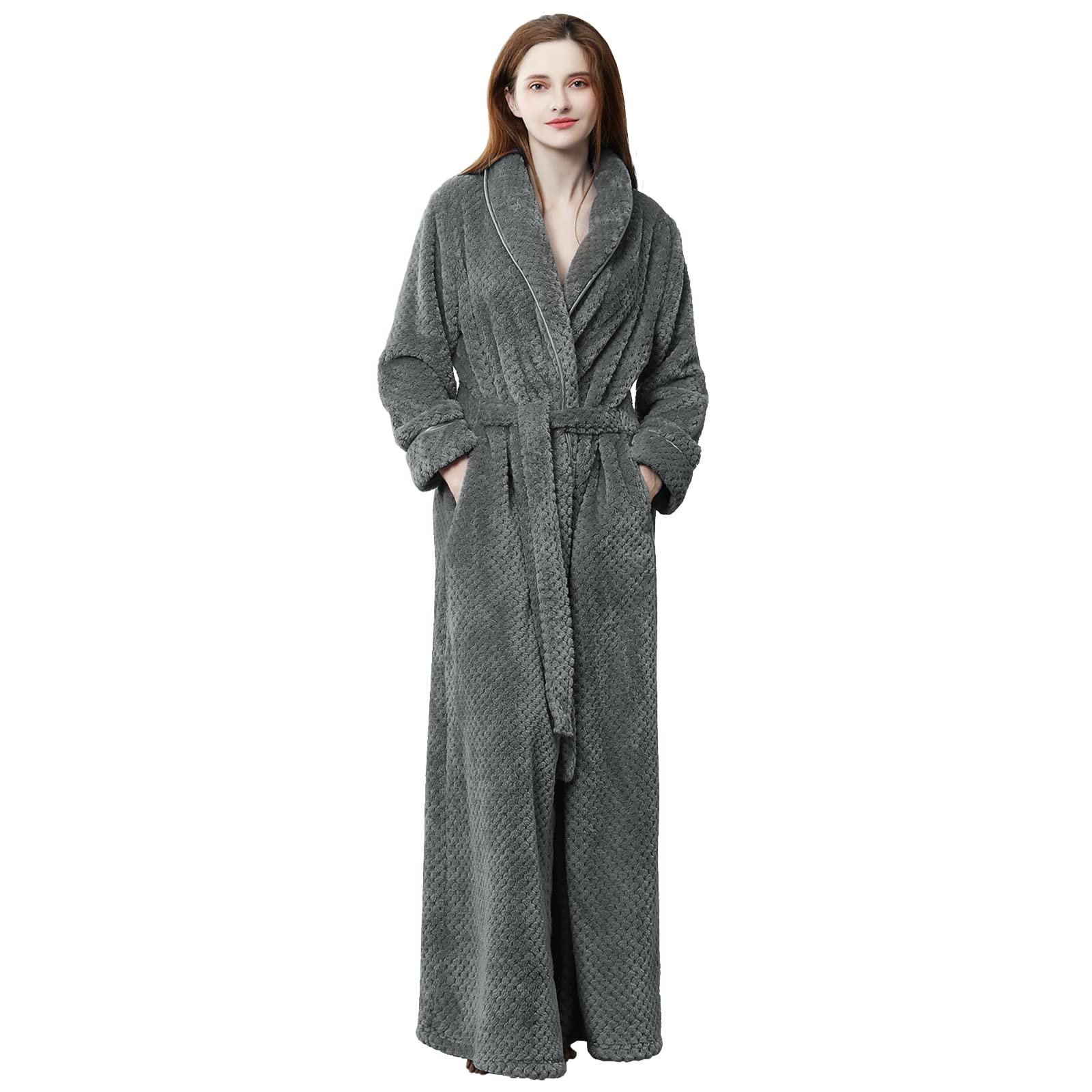 Hellomamma Womens Long Robe Soft Warm Fleece Plush Bathrobe Ladies Sleepwear Pajamas Housecoat Nightgown Gray - THE BEAUTY ANATOMY