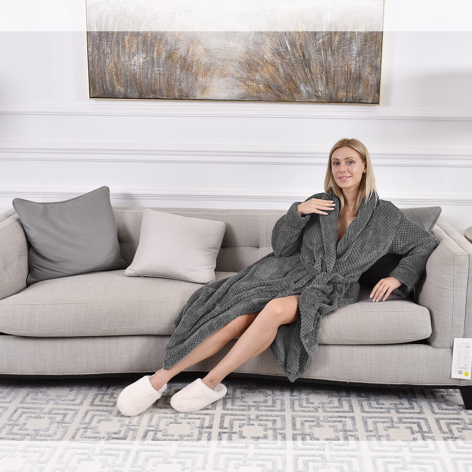 Hellomamma Womens Long Robe Soft Warm Fleece Plush Bathrobe Ladies Sleepwear Pajamas Housecoat Nightgown Gray - THE BEAUTY ANATOMY