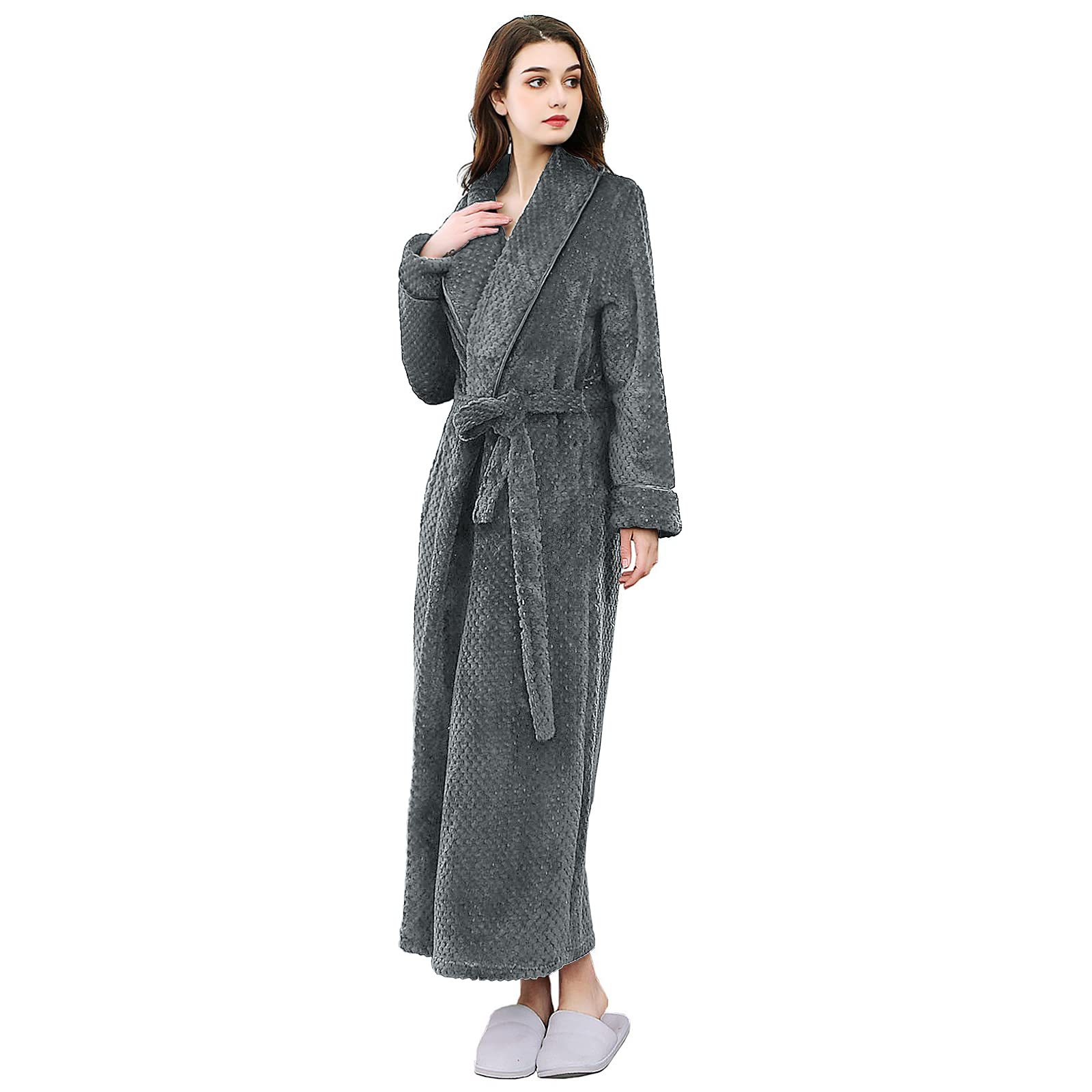 Hellomamma Womens Long Robe Soft Warm Fleece Plush Bathrobe Ladies Sleepwear Pajamas Housecoat Nightgown Gray - THE BEAUTY ANATOMY