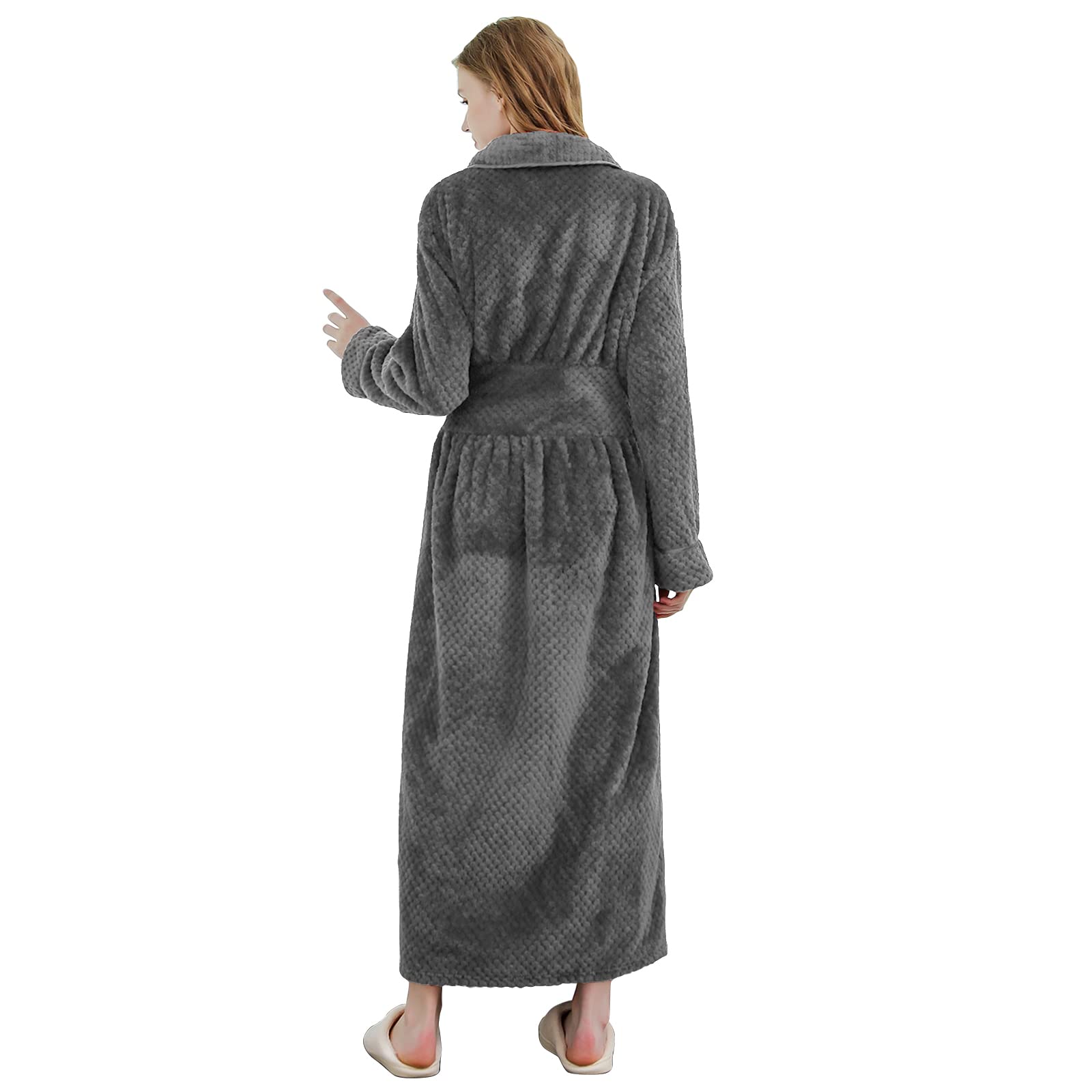 Hellomamma Womens Long Robe Soft Warm Fleece Plush Bathrobe Ladies Sleepwear Pajamas Housecoat Nightgown Gray - THE BEAUTY ANATOMY