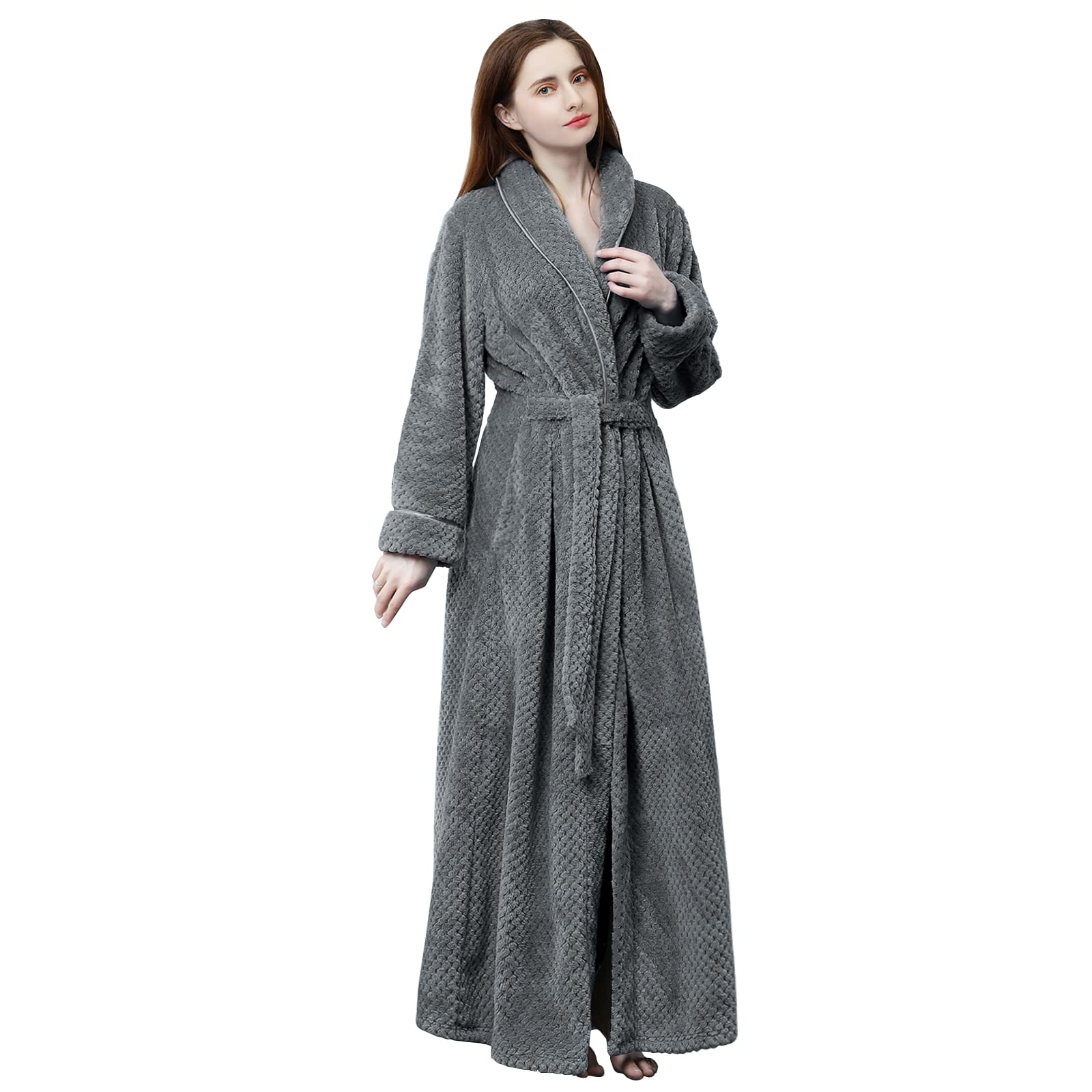 Hellomamma Womens Long Robe Soft Warm Fleece Plush Bathrobe Ladies Sleepwear Pajamas Housecoat Nightgown Gray - THE BEAUTY ANATOMY