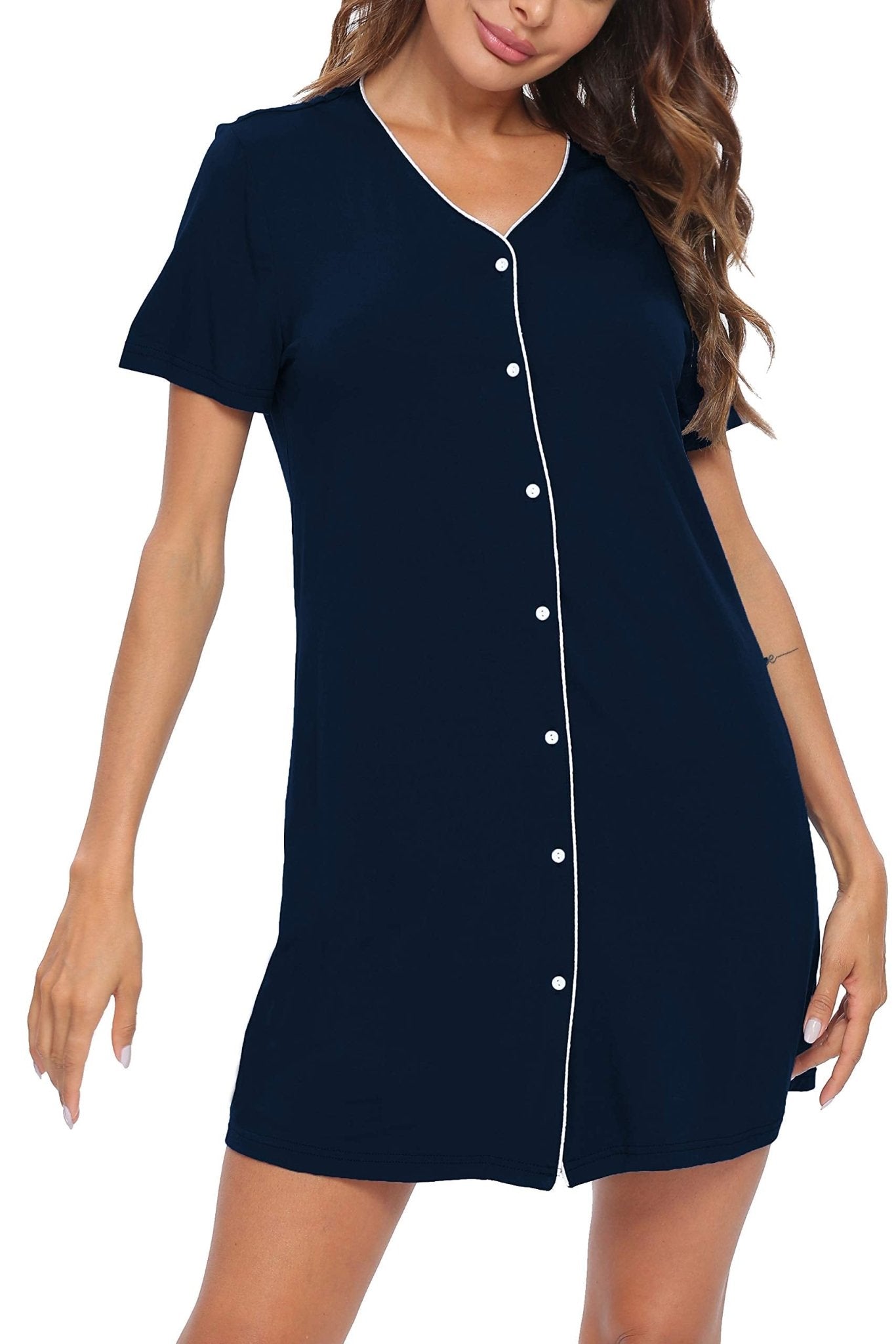 SWOMOG Women's Button Down Nightgown Short Sleeve Nightshirt V - Neck Sleepwear Boyfriend Sleepshirt Pajama Dress Deep Navy - THE BEAUTY ANATOMY