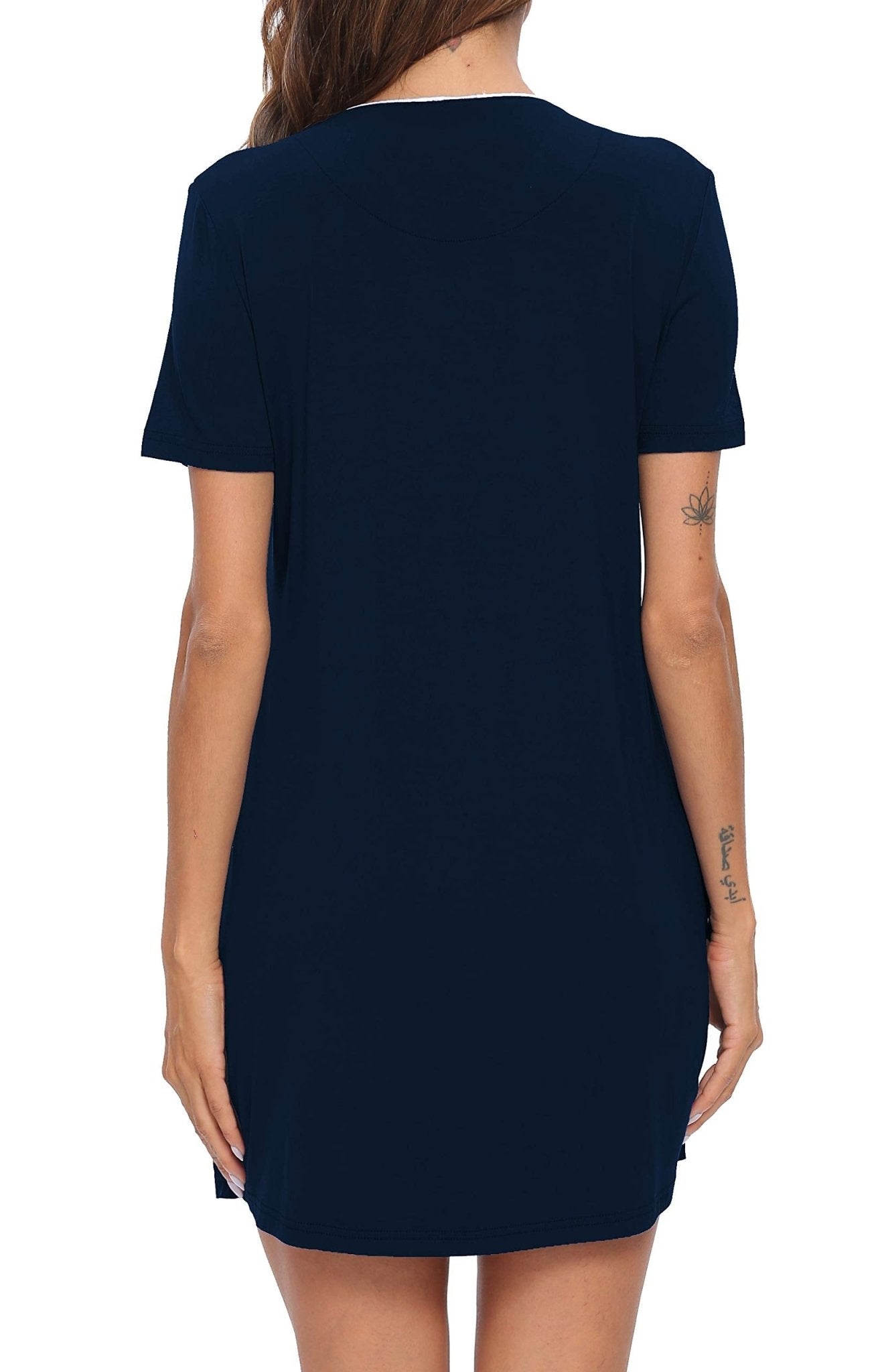 SWOMOG Women's Button Down Nightgown Short Sleeve Nightshirt V - Neck Sleepwear Boyfriend Sleepshirt Pajama Dress Deep Navy - THE BEAUTY ANATOMY
