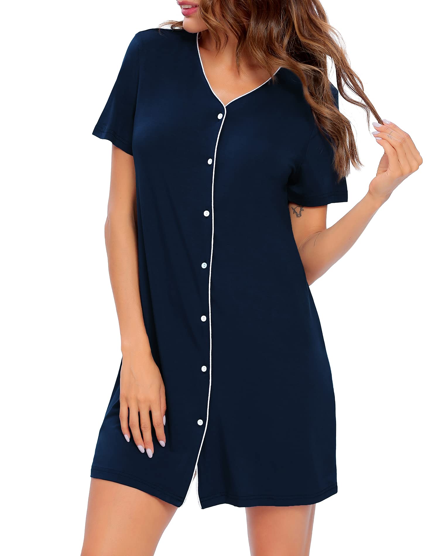 SWOMOG Women's Button Down Nightgown Short Sleeve Nightshirt V - Neck Sleepwear Boyfriend Sleepshirt Pajama Dress Deep Navy - THE BEAUTY ANATOMY